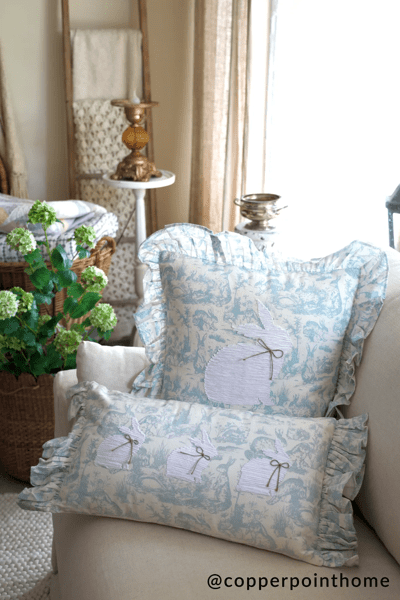 Lumbar Ruffle Trim Toile Embroidered Bunny Pillow