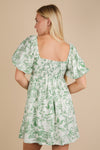 Tea Party Elegance Floral Print Puff Sleeve Mini Dress - Green