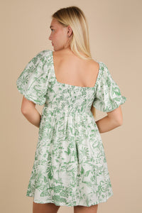 Tea Party Elegance Floral Print Puff Sleeve Mini Dress - Green