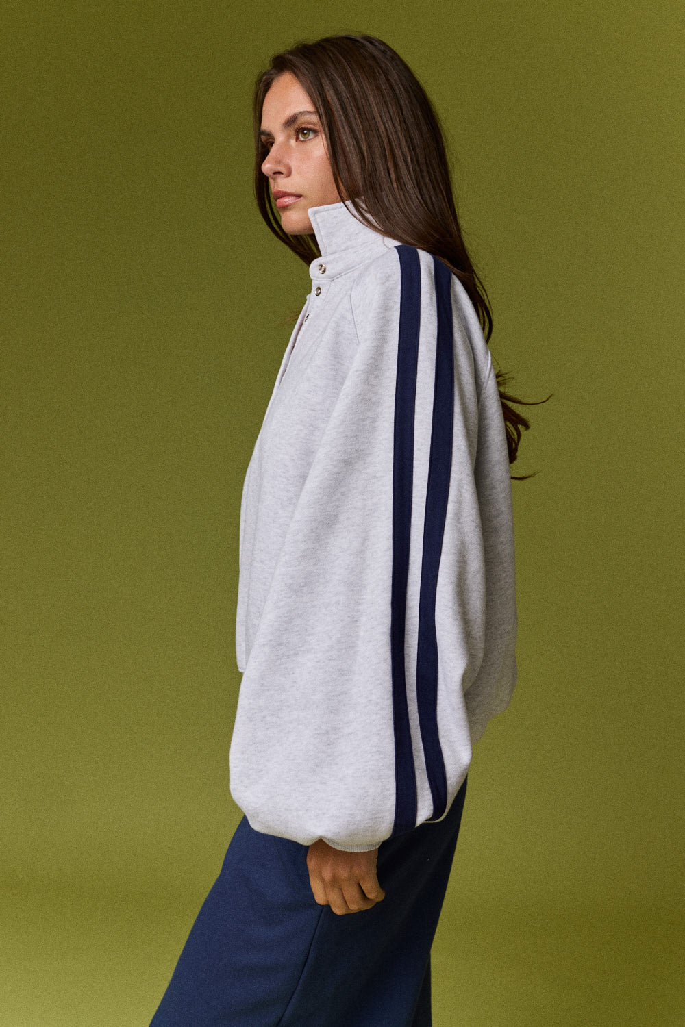 Varsity Grey Collared Contrast Stiped Pullover Sweatshirt