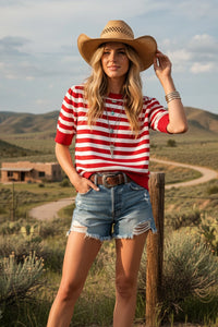Rosy Revival Striped Puff Sleeve Knit Top - Red