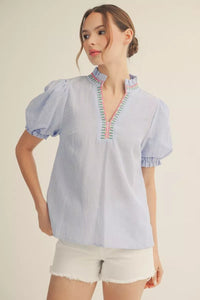 Southern Coastal Chic Collared Striped Embroidered Detailed Blouse