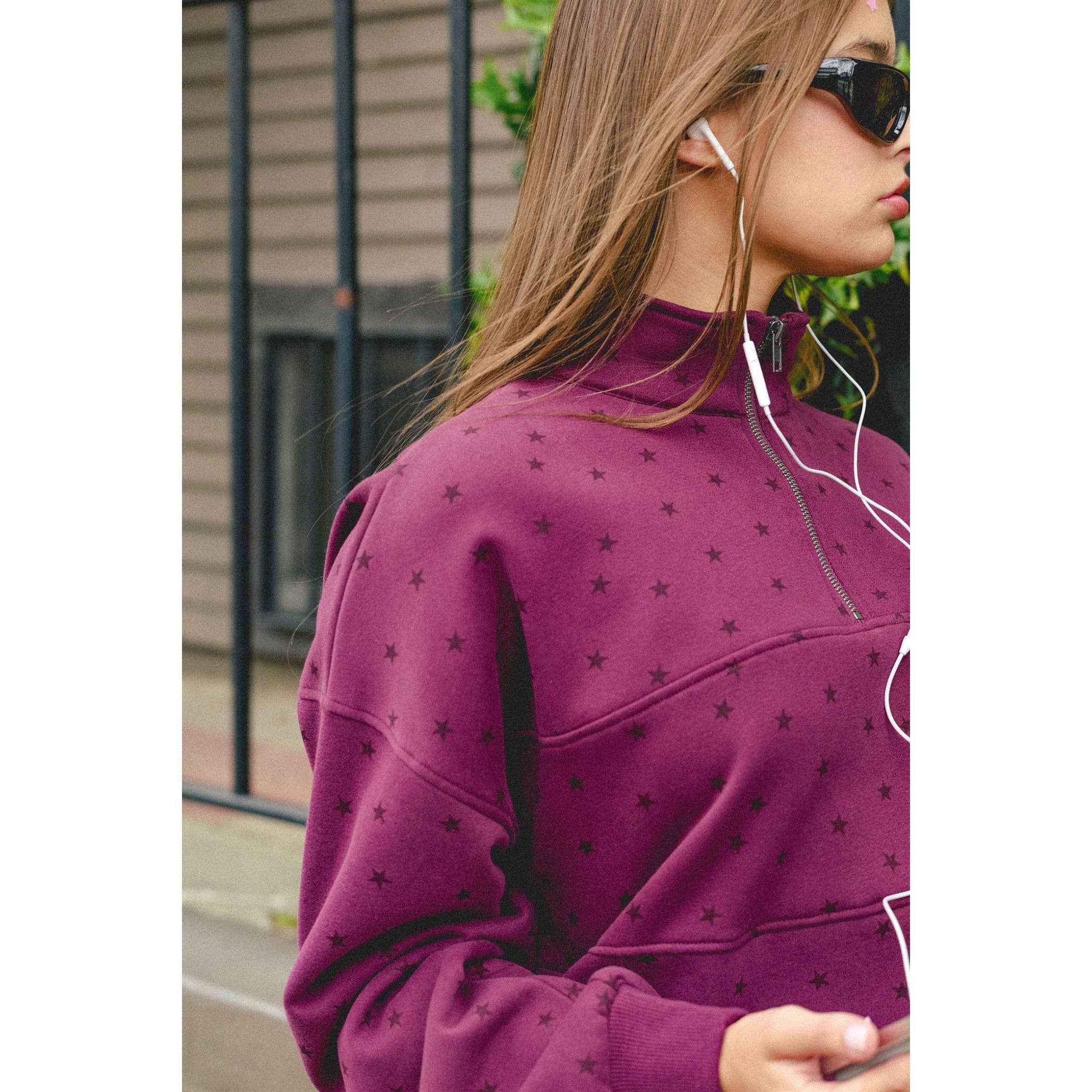 All Star Printed Quarter Zip Pullover Top in Maroon