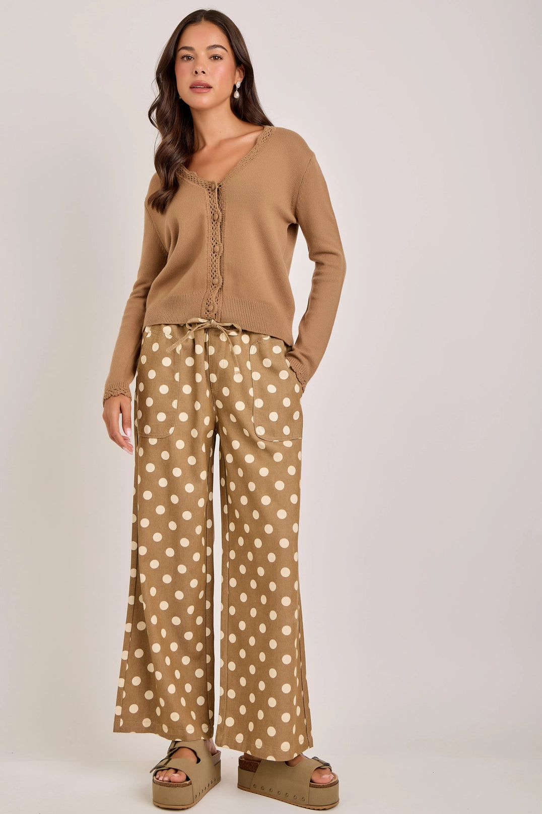 Relaxed Wide Leg Polka Dot Drawstring Pants
