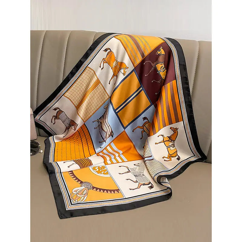 Warm Tones Vintage Equestrian Print Square Scarf