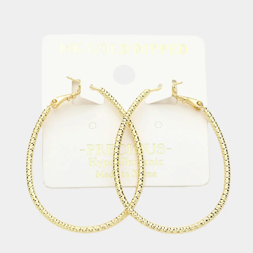 14K Gold Dipped Hypoallergenic Textured Metal Oval Hoop Earrings