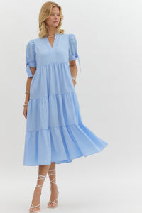 Blossoming In Blue Tiered Midi Ruffled Dress