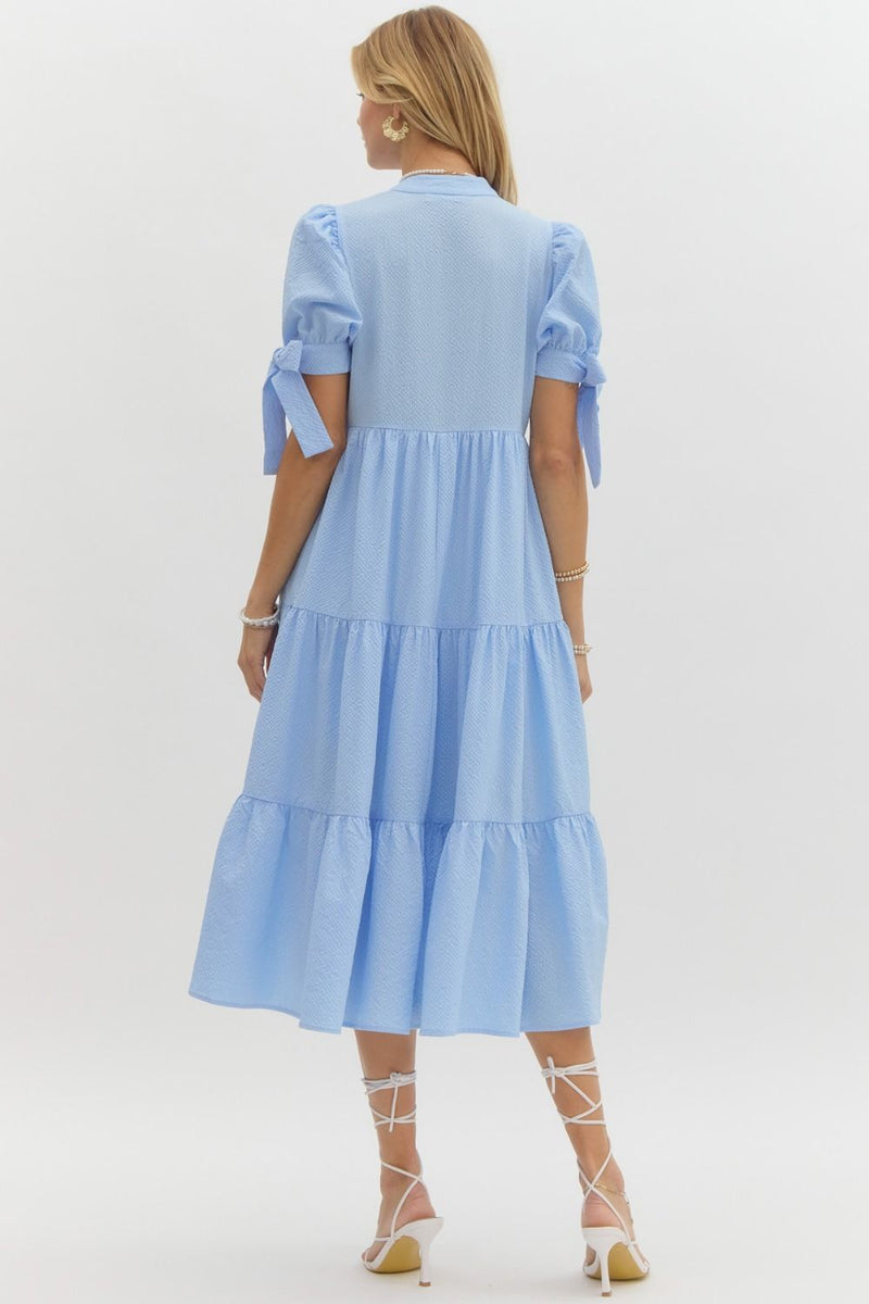 Blossoming In Blue Tiered Midi Ruffled Dress