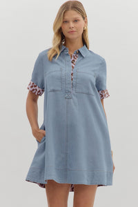 Charming In Chambray Dress with Leopard Trim Detail