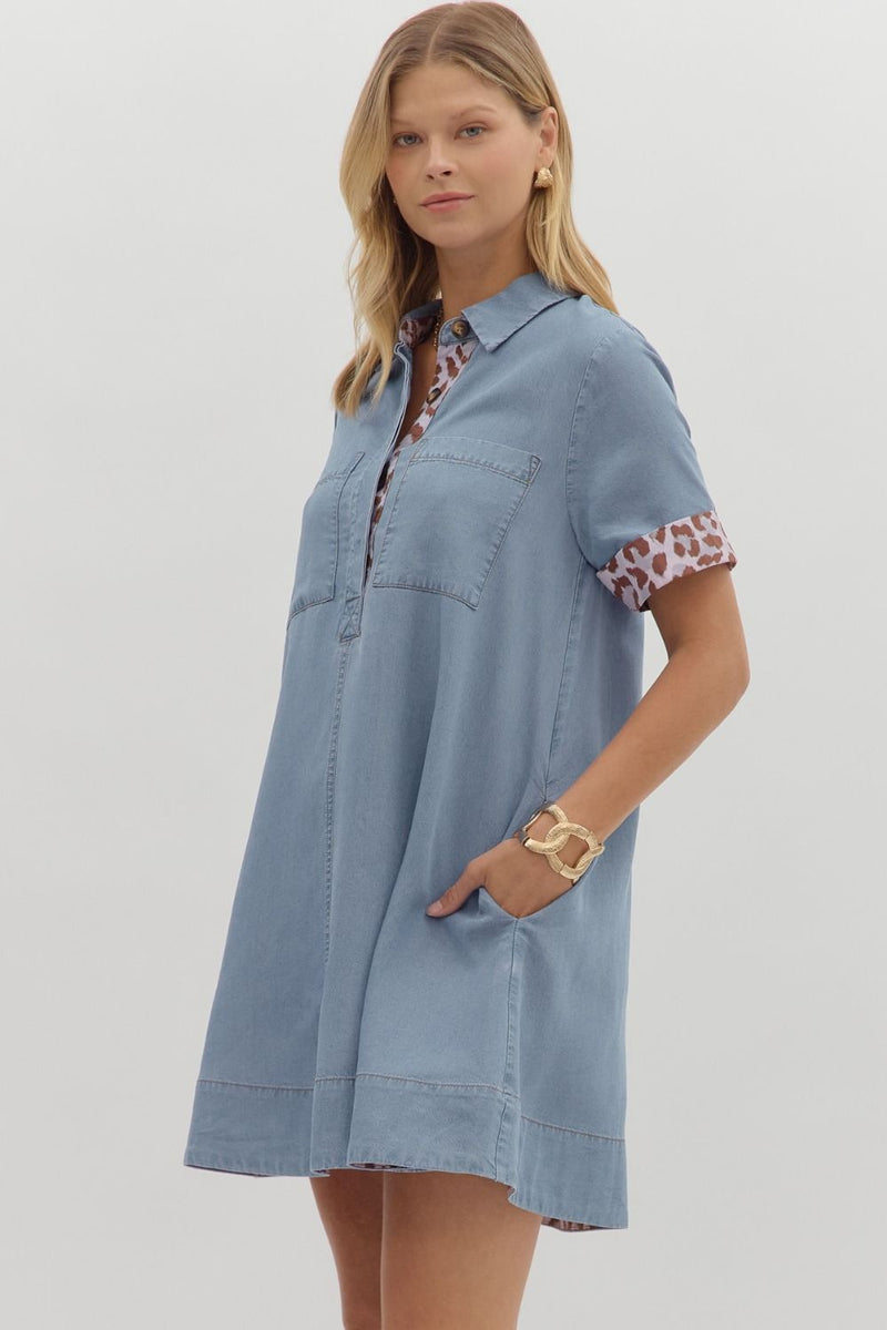Charming In Chambray Dress with Leopard Trim Detail
