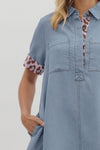 Charming In Chambray Dress with Leopard Trim Detail
