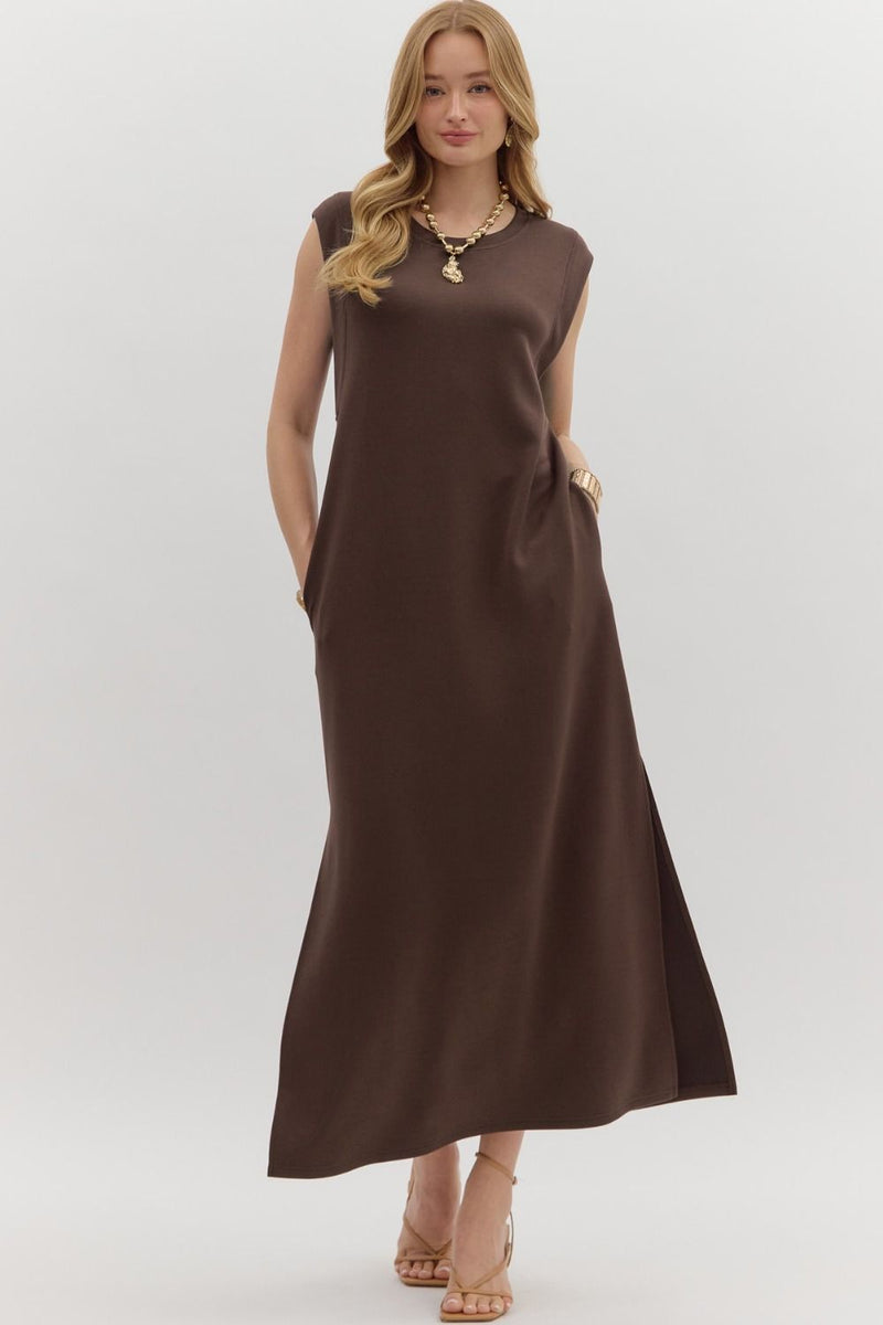 Café Muse Mocha Cap Sleeve Maxi Dress