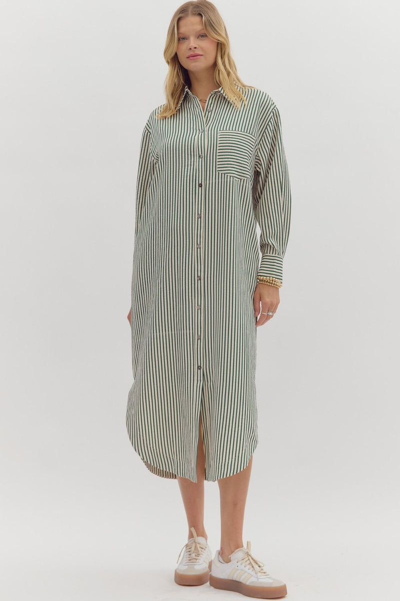Country Club Brunch Striped Long Sleeve Midi Dress in Green