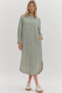 Country Club Brunch Striped Long Sleeve Midi Dress in Green