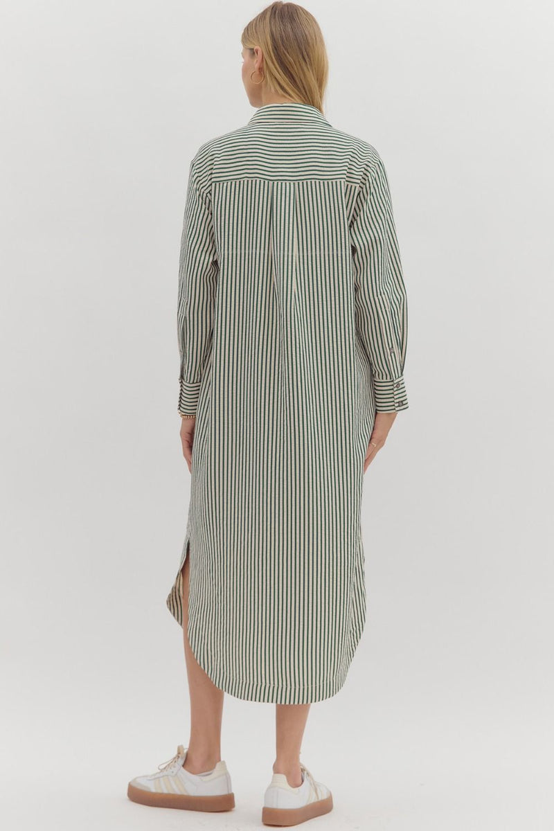Country Club Brunch Striped Long Sleeve Midi Dress in Green