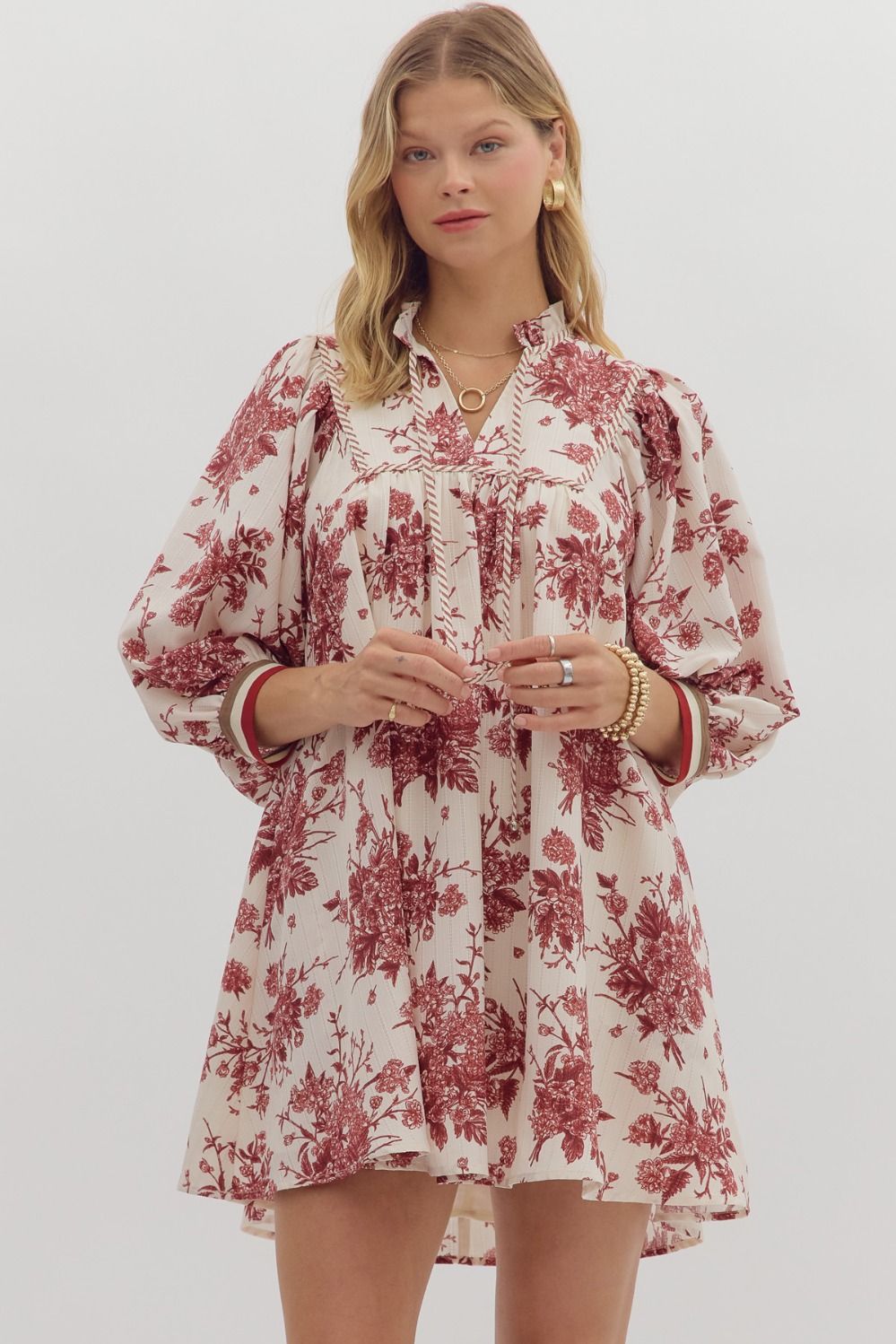 Merlot & Magnolias Textured Floral Dress with Contrast Detail