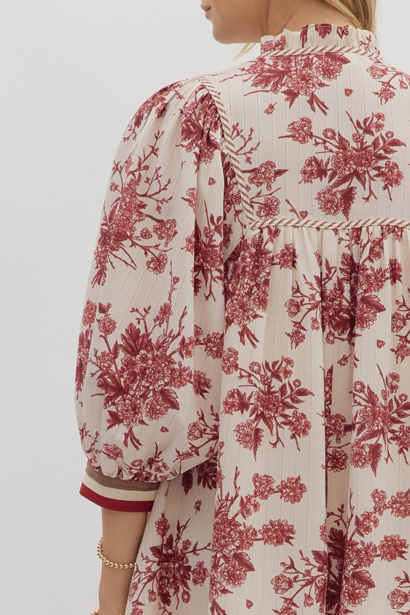 Merlot & Magnolias Textured Floral Dress with Contrast Detail