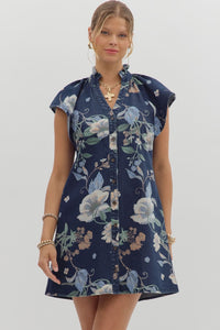 Wild Indigo Denim Floral Print Mini Dress