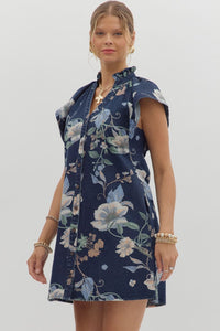 Wild Indigo Denim Floral Print Mini Dress