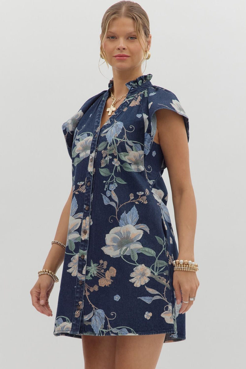 Wild Indigo Denim Floral Print Mini Dress