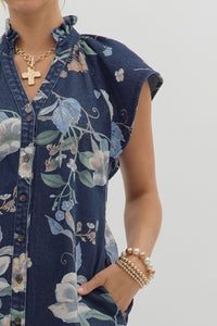 Wild Indigo Denim Floral Print Mini Dress