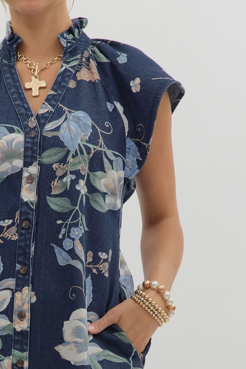 Wild Indigo Denim Floral Print Mini Dress