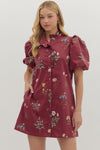 Merlot & Magnolias Floral Printed Bubble Sleeves Dress