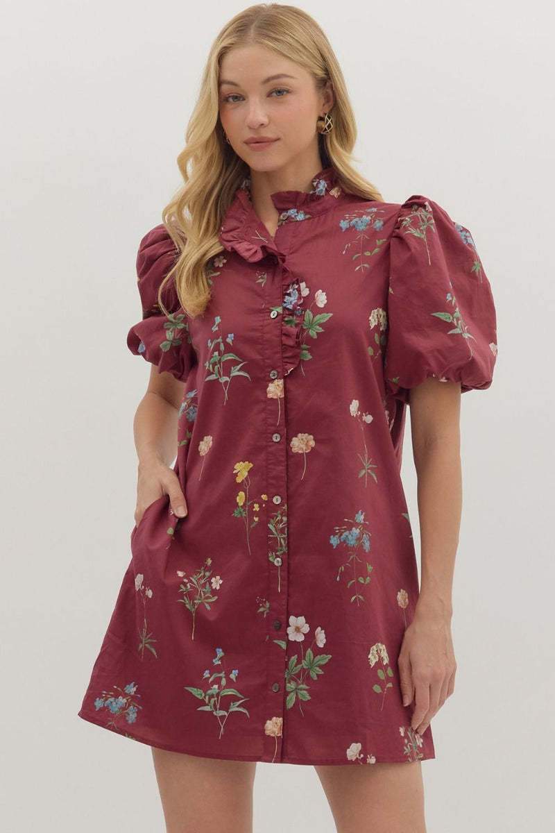 Merlot & Magnolias Floral Printed Bubble Sleeves Dress