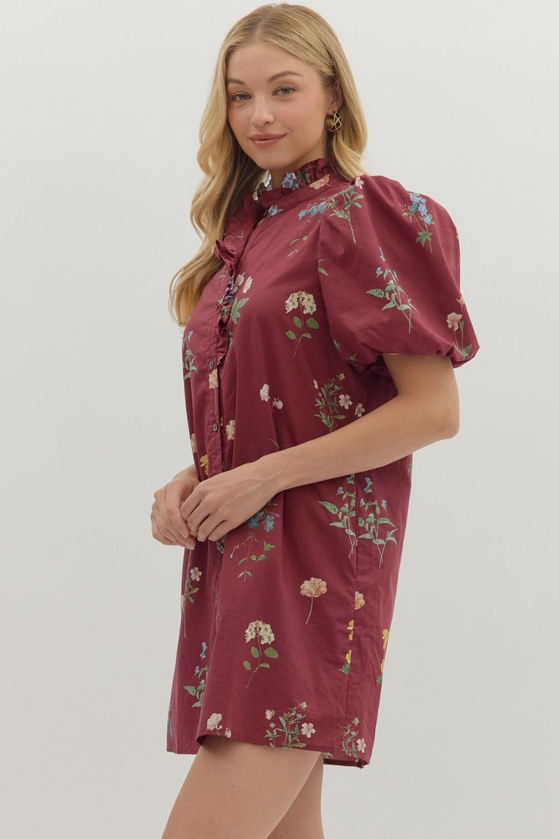 Merlot & Magnolias Floral Printed Bubble Sleeves Dress