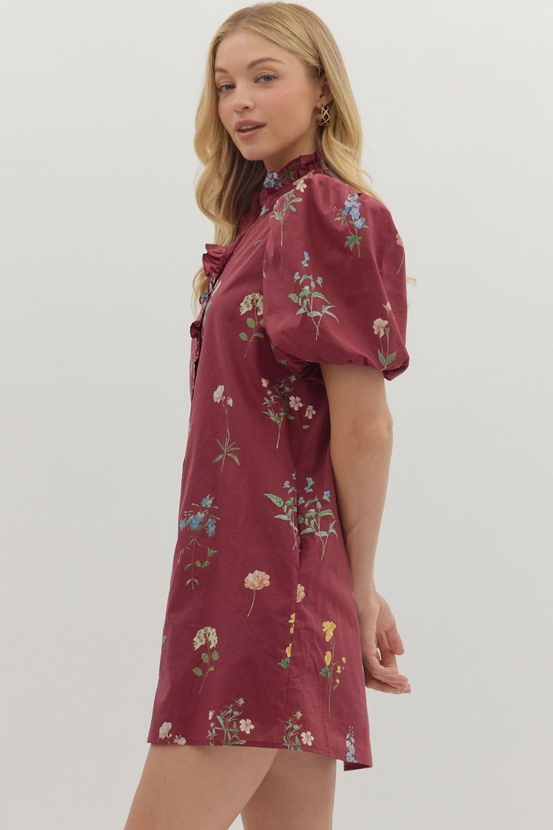 Merlot & Magnolias Floral Printed Bubble Sleeves Dress