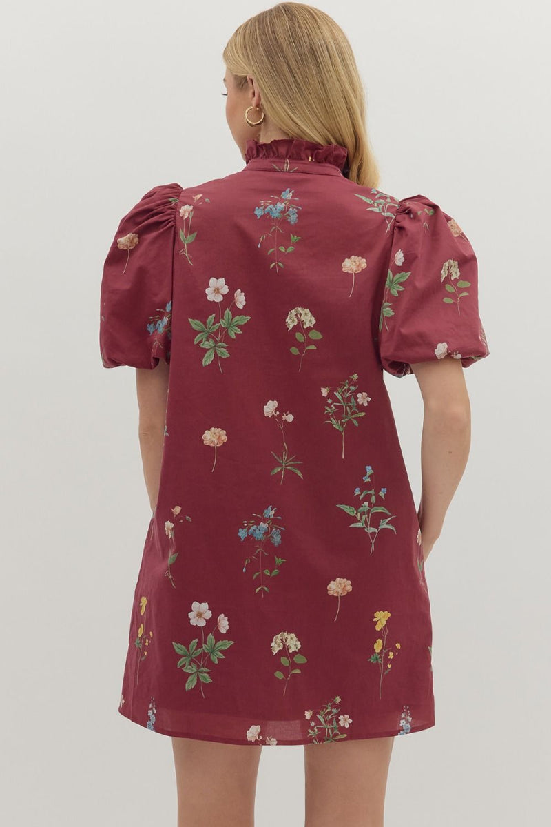 Merlot & Magnolias Floral Printed Bubble Sleeves Dress