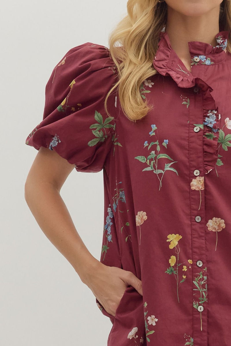 Merlot & Magnolias Floral Printed Bubble Sleeves Dress
