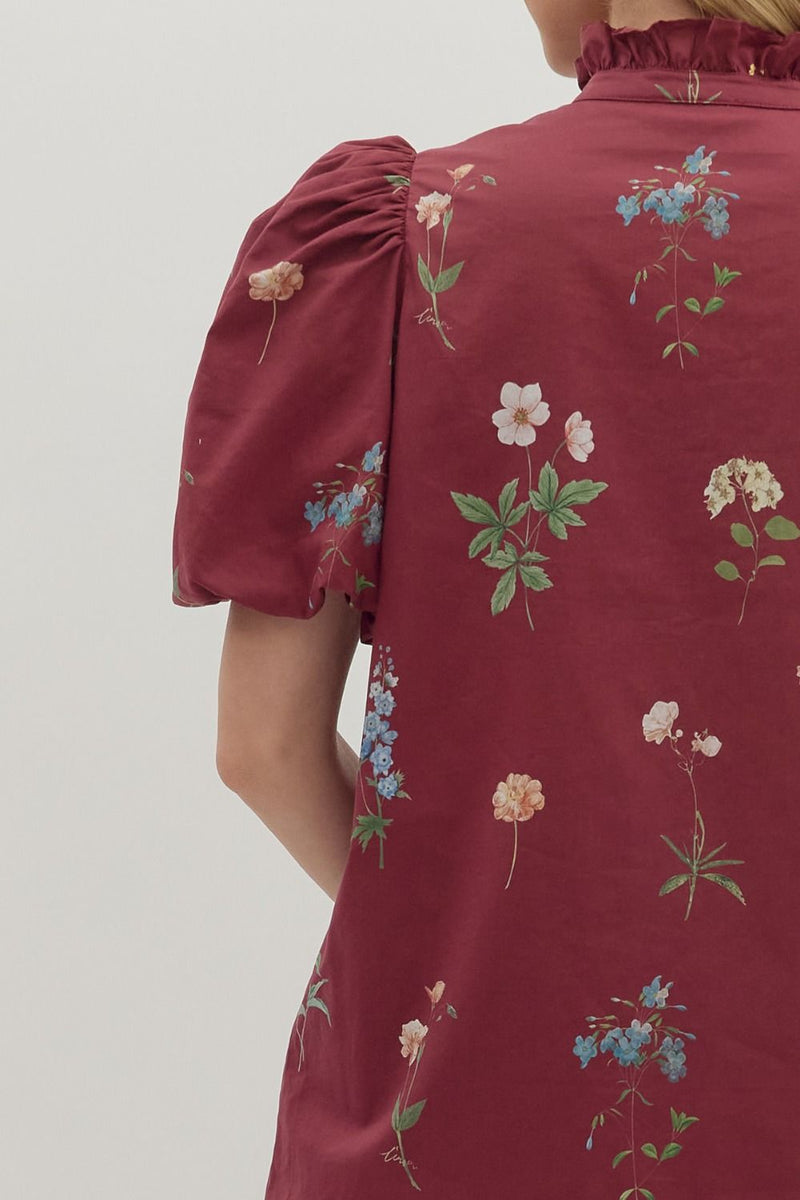 Merlot & Magnolias Floral Printed Bubble Sleeves Dress
