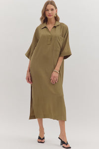 Effortlessly Poise Collared Midi Dress - Olive
