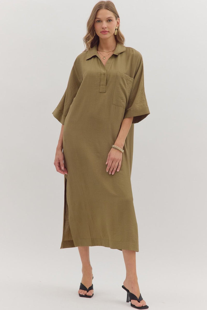 Effortlessly Poise Collared Midi Dress - Olive