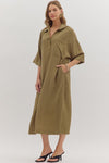 Effortlessly Poise Collared Midi Dress - Olive