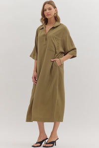Effortlessly Poise Collared Midi Dress - Olive