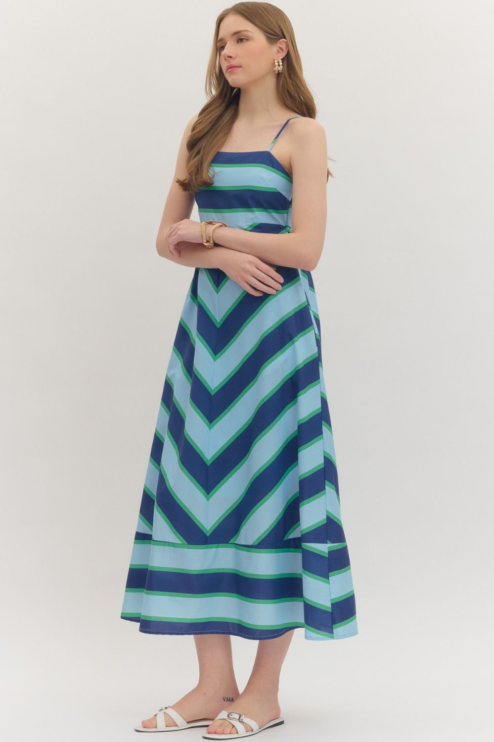 Oceanfront Stroll Sleeveless Striped Midi Dress - Navy