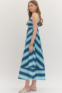 Oceanfront Stroll Sleeveless Striped Midi Dress - Navy