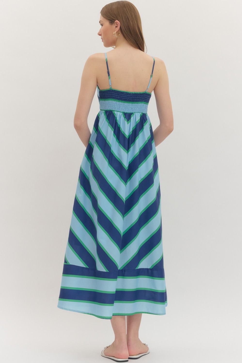 Oceanfront Stroll Sleeveless Striped Midi Dress - Navy