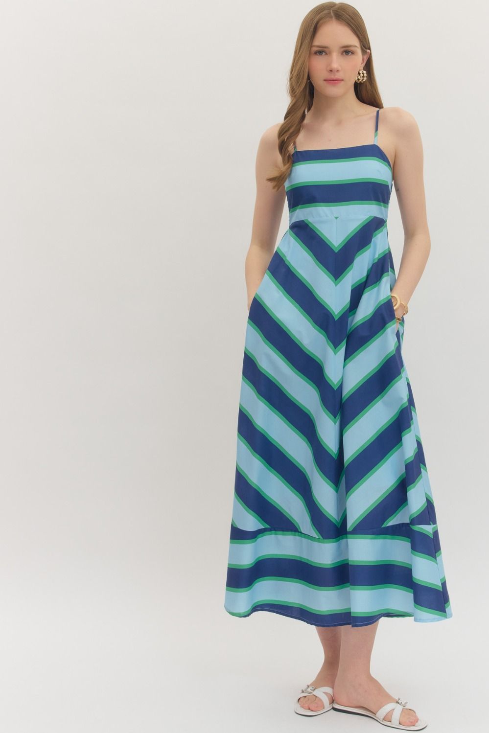 Oceanfront Stroll Sleeveless Striped Midi Dress - Navy