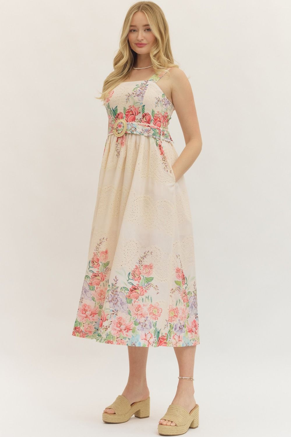 Bed of Roses Botanical Print Eyelet Detail Midi Dress w/ Belt