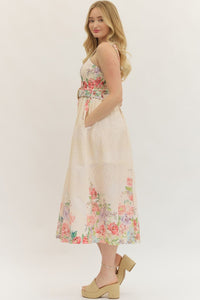 Bed of Roses Botanical Print Eyelet Detail Midi Dress w/ Belt