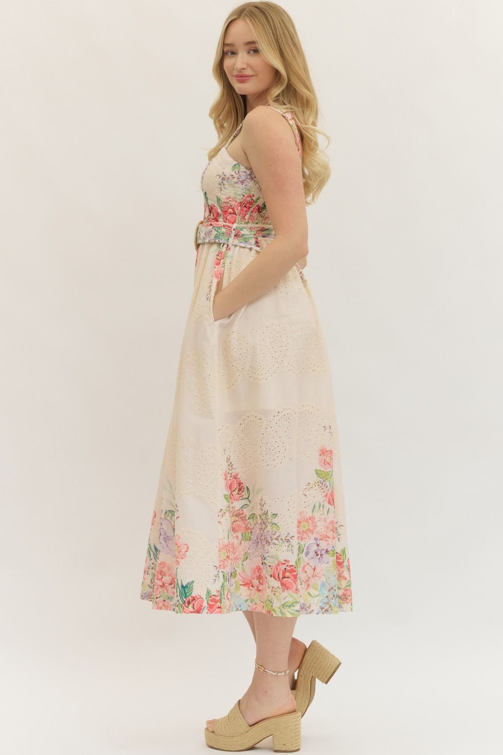 Bed of Roses Botanical Print Eyelet Detail Midi Dress w/ Belt