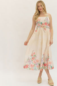 Bed of Roses Botanical Print Eyelet Detail Midi Dress w/ Belt