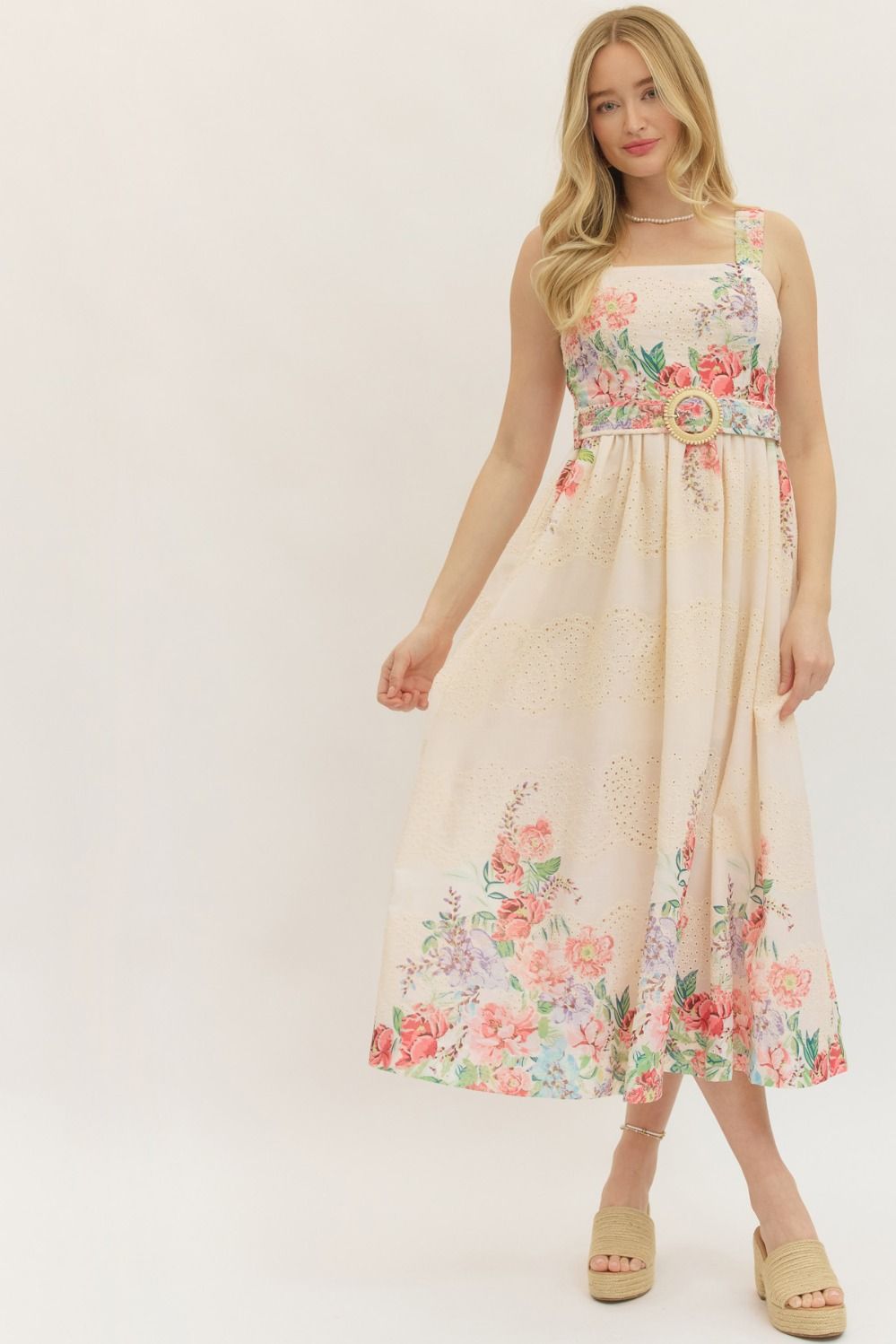 Bed of Roses Botanical Print Eyelet Detail Midi Dress w/ Belt