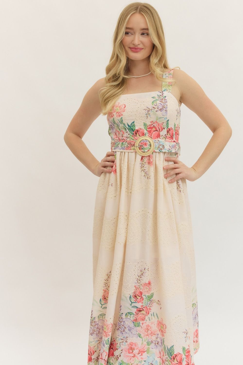 Bed of Roses Botanical Print Eyelet Detail Midi Dress w/ Belt
