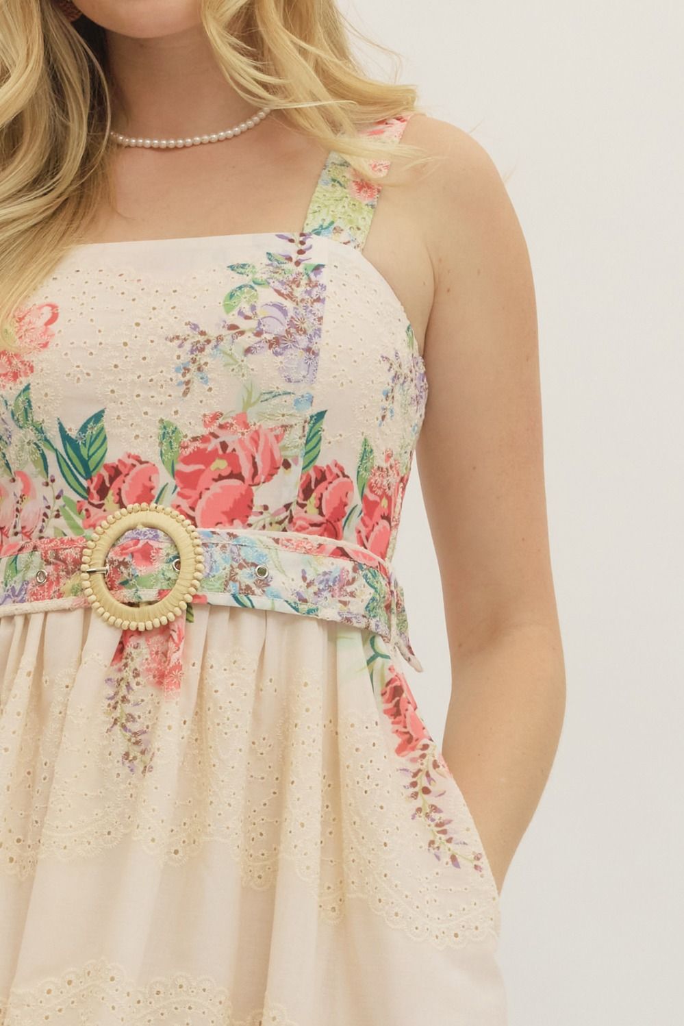 Bed of Roses Botanical Print Eyelet Detail Midi Dress w/ Belt