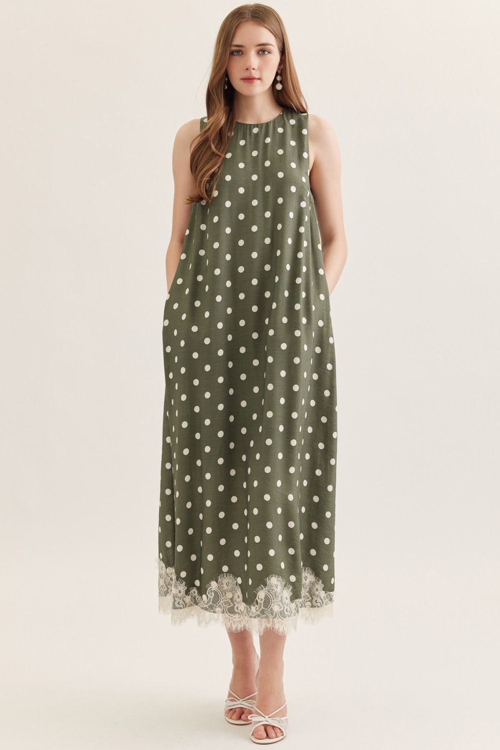 Pretty in Polka Printed Halter Neck Maxi Dress w/ Lace Trim - Olive