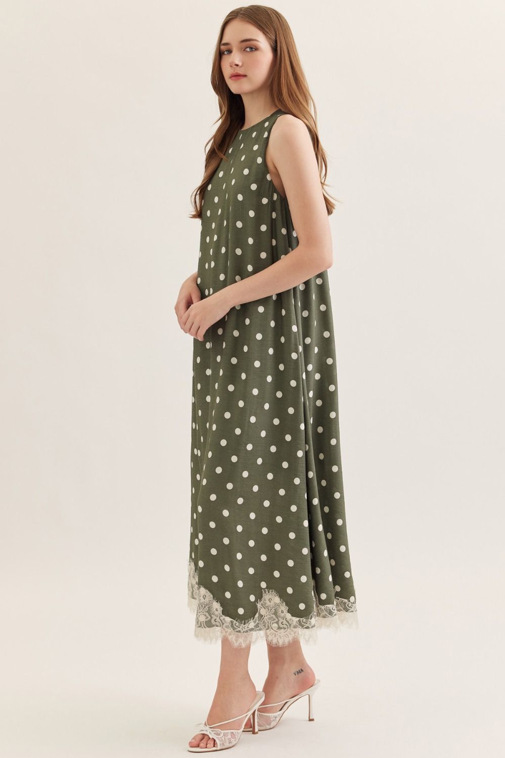 Pretty in Polka Printed Halter Neck Maxi Dress w/ Lace Trim - Olive
